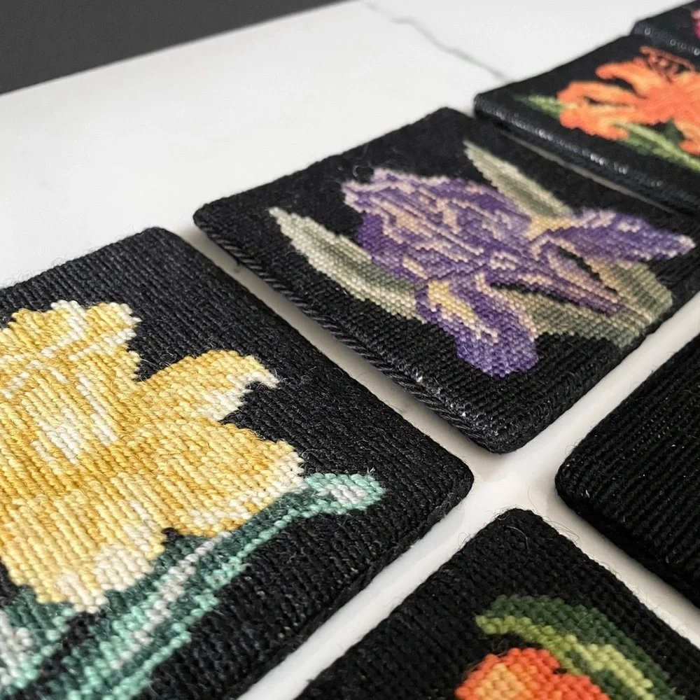 SET of 12 Floral Needlepoint Coasters